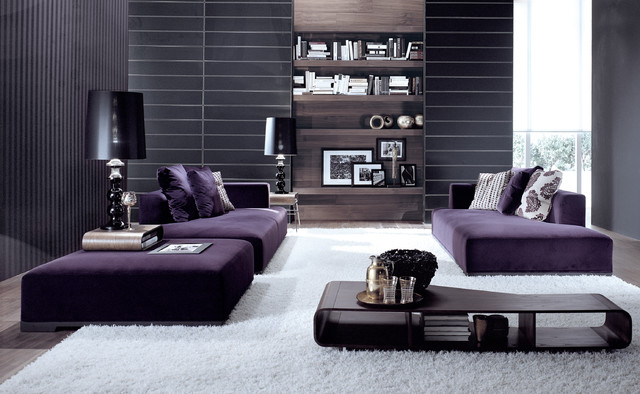 View By With Dramatic View By Living Room With Purple Sofas And Bookcase Showing Photos And Porcelains Which Full Up The Decoration Decoration 20 Whimsical Purple Sofa Furniture For Gorgeous Interior Appearance