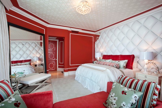 Bedroom Design With Eclectic Bedroom Design Interior Decorated With Red Bedroom Ideas With Minimalist Space Used Crystal Chandelier Lighting Style Bedroom  30 Romantic Red Bedroom Design For A Comfortable Appearances