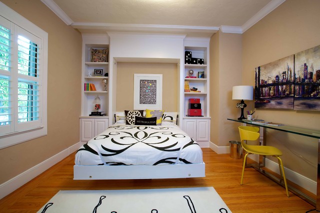 Decorating Bedroom Bed Eclectic Decorating Bedroom Ideas Floating Bed With Floral Themed Bed Sheet Sleek Wood Floor Yellow Chair Glass Wall Mounted Desk Bedroom  30 Unique And Cool Bedroom Furniture Ideas For Awesome Small Rooms
