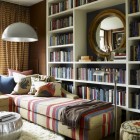 Family Room Large Eclectic Family Room Design With Large Bookcase And Round Mirror Applied Stripes Sectional Sofas With Chaise And Pendant Decoration Fabulous Sectional Sofas With Chaise For Your Spacious Living Room