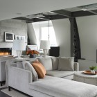 Contemporary Living Fireplace Elegant Contemporary Living Room Furnished Fireplace On Gray Tiled Wall Involved Gray Chaise Sofa And Modular Desk Dream Homes Comfortable And Elegant Chaise Sofa For Corner Decorations