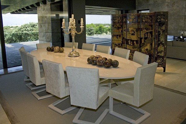 Dining Room Geometric Elegant Dining Room Design With Geometric Chairs And Oval Dining Table In Granite Table Top Great Candle Stand With Artistic Wall Panels Dream Homes Spanish Home Design With Futuristic And Elegant Cantilevered Decorations