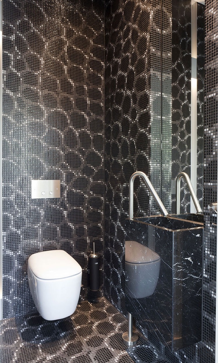 Manor River Bathroom Elegant Manor River Remy Meijers Bathroom Design With Dark Tile Backsplash And Applied White Porcelain Toilet Decoration  Dazzling Glossy Furniture In Bright And Elegant House Interiors