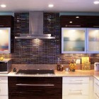 Mosaic Tiled Idea Elegant Mosaic Tiled Kitchen Backsplash Idea To Match And Hit White Black Cabinetry With Blurred Glass Door Idea Kitchens Cozy Kitchen Backsplash With Sleek Cabinet And Chic Kitchen Tools