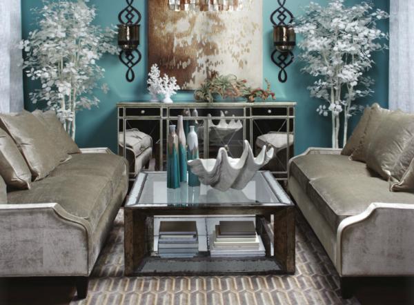 Turquoise Painted Enhancing Elegant Turquoise Painted Center Wall Enhancing The House Living Room With Grey Sofas And Mirrored Dresser Bedroom  Outstanding Mirrored Furniture For Bedroom Decoration Ideas