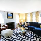 Living Room Sectional Enchanting Living Room Applied Blue Sectional Sofa And Glass Coffee Table On Striped Black And White Carpet Furniture Beautiful Blue Sectional Sofas To Making A Cozy And Comfortable Interiors