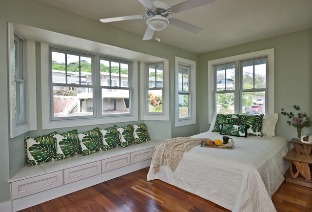 Tropical Green In Enchanting Tropical Green Bedroom Ideas In Wooden Floor And White Cabinets As Sofa With White Wooden Glass Windows Bedroom 20 Wonderful Green Bedroom Ideas With Suite Bed Cover Appearances