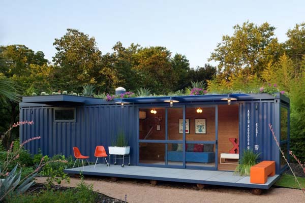 Container Guest Navy Exciting Container Guest House With Navy Blue Molded Wall Completed Glass Windows On It To Enhance The Natural Views Outside Dream Homes Stunning Shipping Container Home With Stylish Architecture Approach
