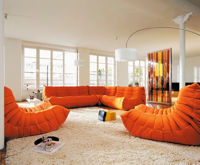 Contemporary Living With Exciting Contemporary Living Room Design With Soft Brown Orange Togo Sofas And White Colored Rug Carpet Decorations Decoration Unique And Modern Togo Sofas With Eye Catching Colors To Inspire You