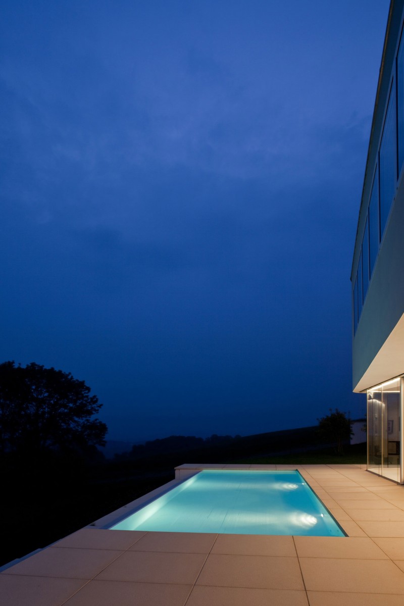 Dark Blue The Exciting Dark Blue Skies At The Night Seen From Light Blue Swimming Pool Installed In Marble Tiled Floor Of House L Residence Decoration Simple Home Design With Transparent Glass Wall And Bright Interiors