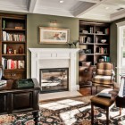 Home Office Fireplace Exciting Home Office Design With Fireplace Mantel Shelves Between Storage Facing Black Chairs And Table Also Decoration Functional Modern Home With Fireplace Mantel Shelves And Creative Lightings