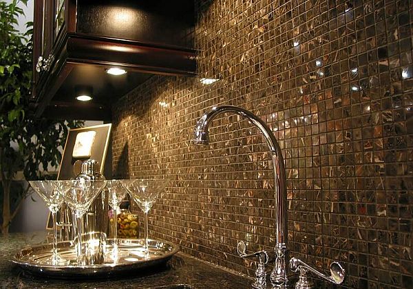 Glass Tiled For Expensive Glass Tiled Backsplash Idea For Luxurious Black Kitchen Idea Enhanced With Curved Faucet On Sink Concept Kitchens  Cozy Kitchen Backsplash With Sleek Cabinet And Chic Kitchen Tools