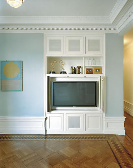 Tv Cabinet In Exquisite TV Cabinet Design Built In Wall At Living Room With Wooden Floor And Blue Painted Wall Also Tiered Ceiling Decoration 20 Elegant And Beautiful TV Cabinets Made Of Wooden Material And Elements