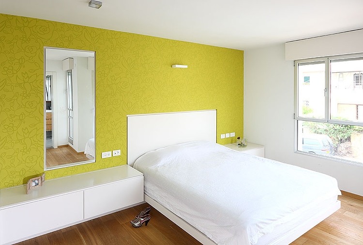Catching Yellow Amitzi Eye Catching Yellow Painted House Amitzi Architects Center Wall Of Master Bedroom With Mirror And Bed Dream Homes Stylish Minimalist Home Interior And Exterior With Bewitching White Paint Colors