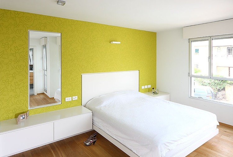 Catching Yellow Amitzi Eye Catching Yellow Painted House Amitzi Architects Center Wall Of Master Bedroom With Mirror And Bed Dream Homes  Stylish Minimalist Home Interior And Exterior With Bewitching White Paint Colors