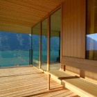 Balcony Design Am Fabulous Balcony Design Of Wohnhaus Am Walensee Residence With Soft Brown Wooden Floor And Soft Brown Wooden Couch Architecture Beautiful Rectangular Lake Home With Wood And Concrete Elements