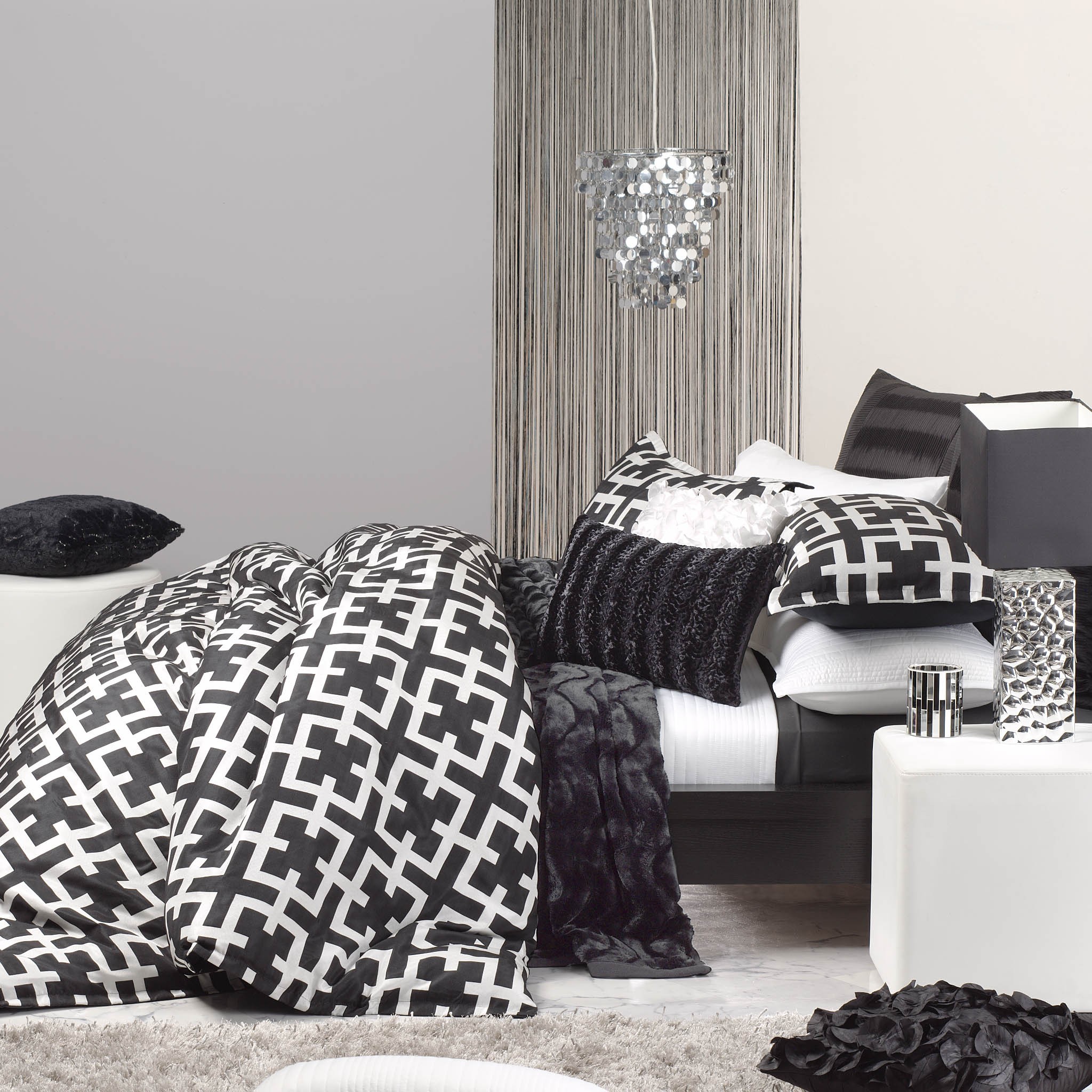 Crytal Chandelier Modern Fabulous Crystal Chandelier Hanging In Modern Bedroom Involved Black And White Duvet Covers On Wooden Bed With White Nightstand Bedroom  Cozy Black And White Duvet Covers Collection For Comfortable Bedrooms