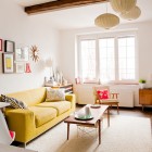 Midcentury Living Yellow Fabulous Mid Century Living Room With Yellow Sofas Facing Wooden Table That Under The Pendant Lamps In Cream Color Dream Homes 20 Eye-Catching Yellow Sofas For Any Living Room Of The Modern House