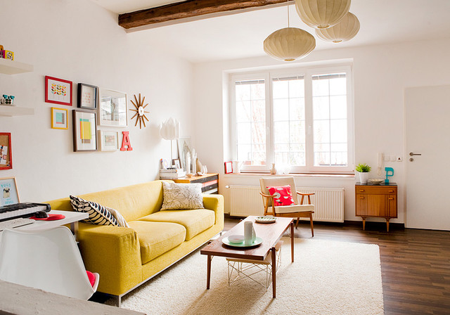 Midcentury Living Yellow Fabulous Mid Century Living Room With Yellow Sofas Facing Wooden Table That Under The Pendant Lamps In Cream Color Dream Homes  20 Eye-Catching Yellow Sofas For Any Living Room Of The Modern House