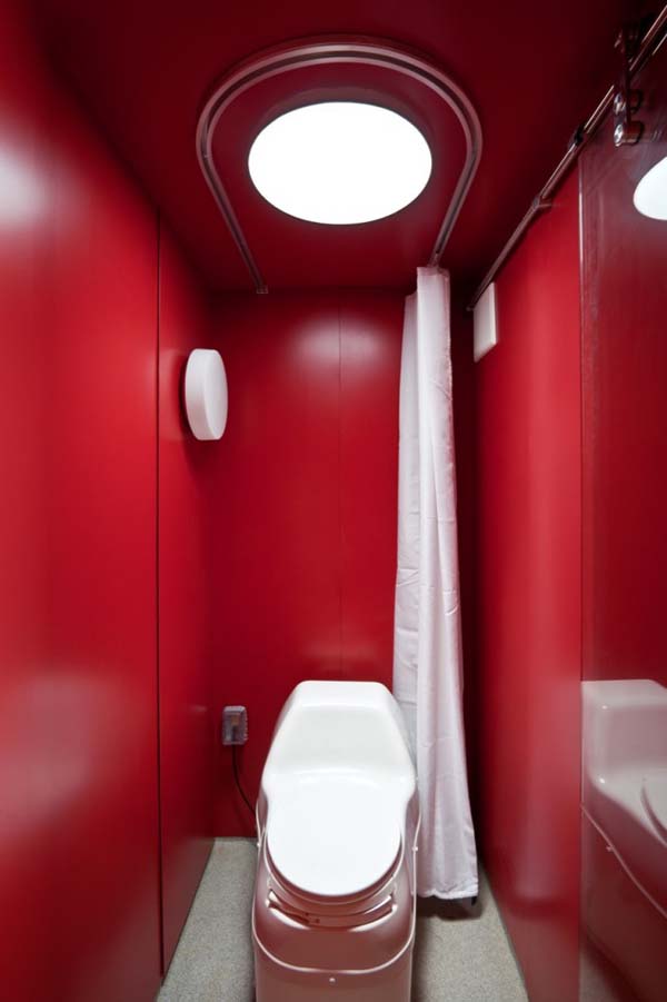 Red Colored Ceiling Fabulous Red Colored Wall And Ceiling Inside Bathroom Of Container Guest House Involved White Water Closet On Gray Rug Dream Homes Stunning Shipping Container Home With Stylish Architecture Approach