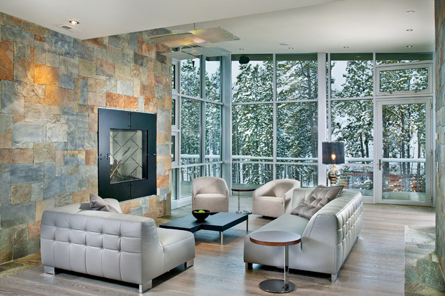 Stone Cladded Displayed Fabulous Stone Cladding Center Wall Displayed With Fireplace To Warm Up Home Living Room With Grey Sectional Sofas Decoration  20 Pictures Of Contemporary Family Rooms With Sectional Sofas