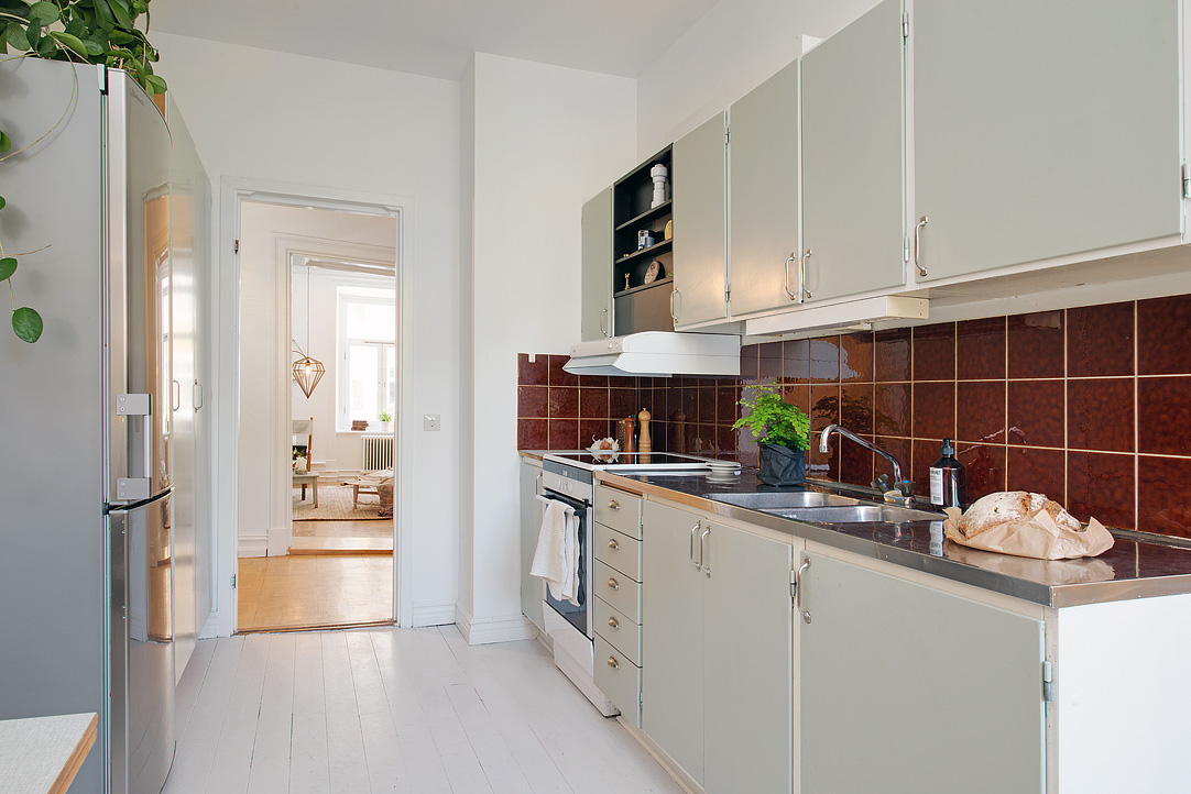 Galley Kitchen Swedish Fancy Galley Kitchen Design In Swedish Apartment Applied White Wooden Floor And Red Tile Backsplash Ideas Apartments Stylish Swedish Interior Style Apartment With Wooden Furniture Accents