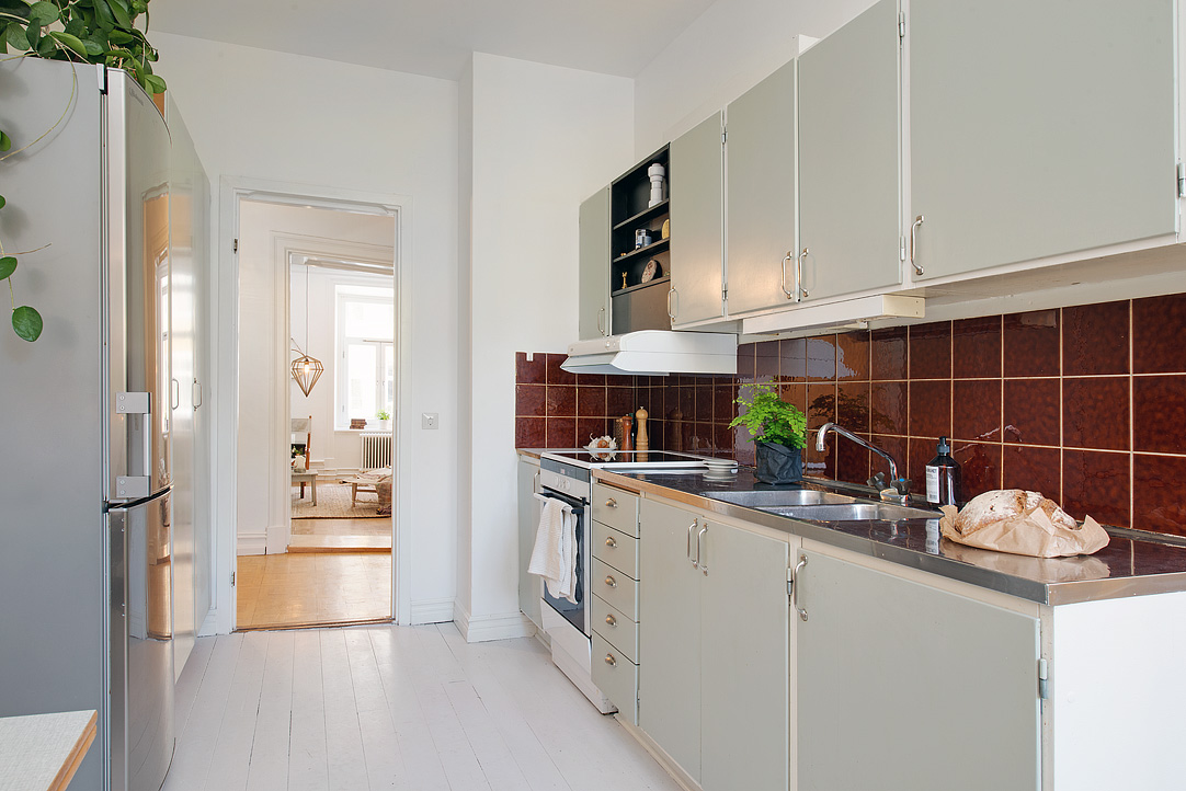 Galley Kitchen Swedish Fancy Galley Kitchen Design In Swedish Apartment Applied White Wooden Floor And Red Tile Backsplash Ideas Apartments  Stylish Swedish Interior Style Apartment With Wooden Furniture Accents