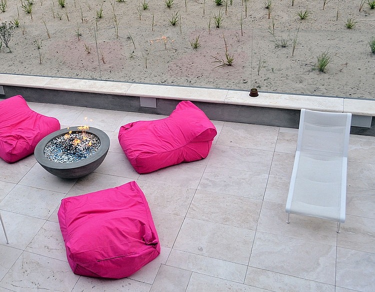 Pink Outdoor At Fancy Pink Outdoor Bean Bags At Long Island Beach House Patio With Modern Lounger And Fire Pit Dream Homes  Elegant Contemporary Beach House With Stylish Interior Decorations