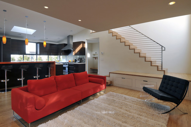 Contemporary Living Completed Fantastic Contemporary Living Room Layout Completed Staircase Beside Red Sofa And Black Tufted Lounge And Carpet Decoration  20 Vibrant And Bright Red Sofas For Chic Living Room With Personality