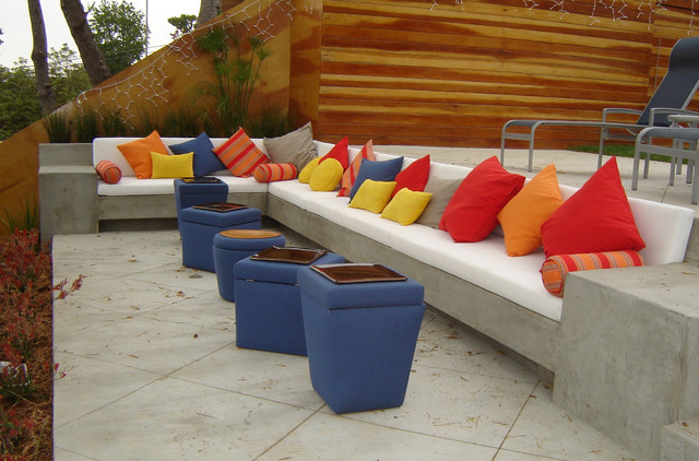 Contemporary Patio Installed Fantastic Contemporary Patio Exterior Design Installed On Marble Stone Tiled Floor With Stone Outdoor Sofa With Blue Desk Decoration  Various Outdoor Sofa Furniture For Modern Home Exteriors