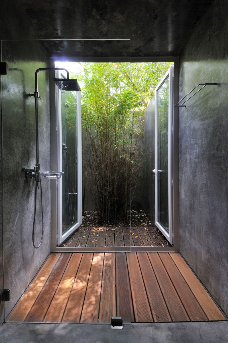 Bathroom Design In Fascinating Bathroom Design Of House In Banzao With Dark Brown Floor Made From Wooden Material And Silver Shower Made From Stainless Steel Architecture Brilliant Contemporary Home With Stunningly Monochromatic Style