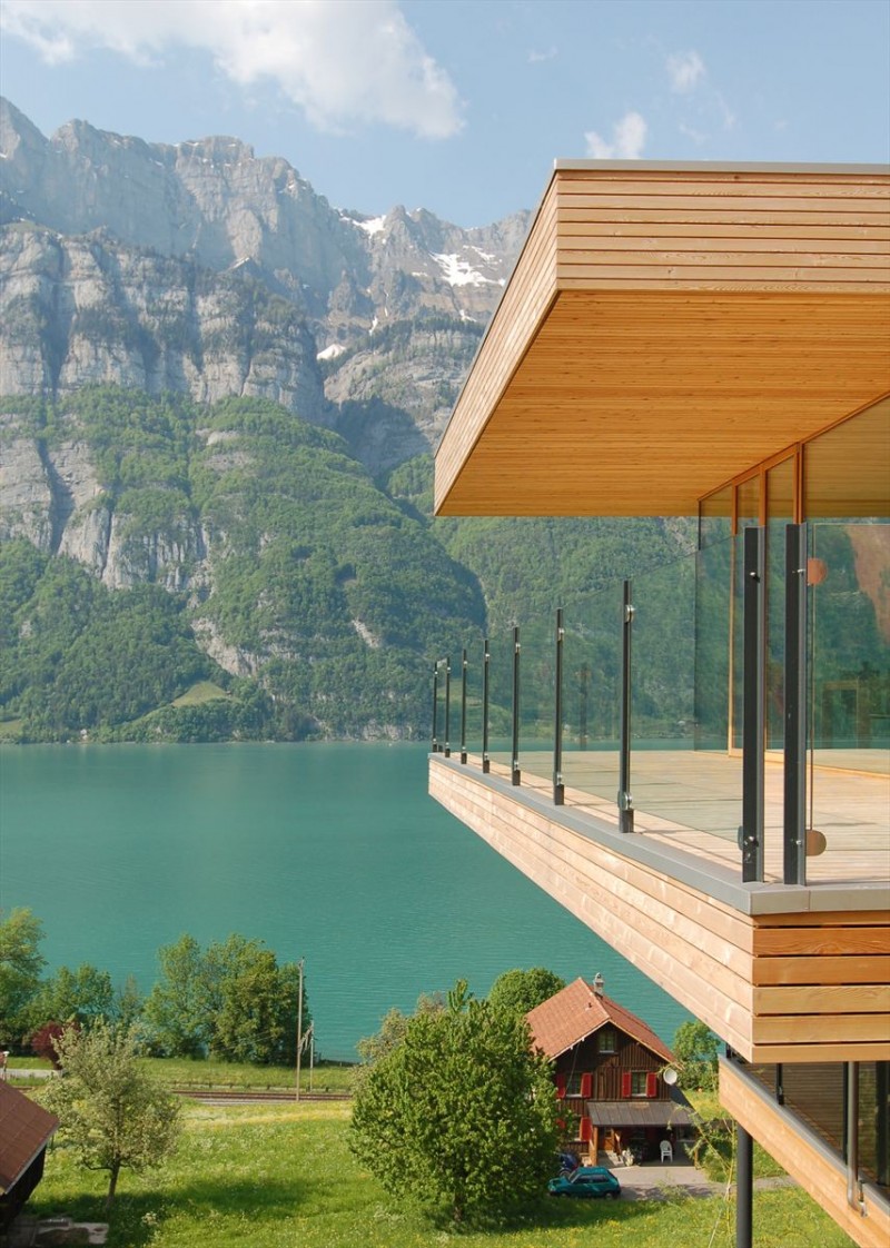 Building Design Am Fascinating Building Design Of Wohnhaus Am Walensee Residence With Soft Brown Wooden Ceiling And Transparent Glass Handrail Architecture Beautiful Rectangular Lake Home With Wood And Concrete Elements