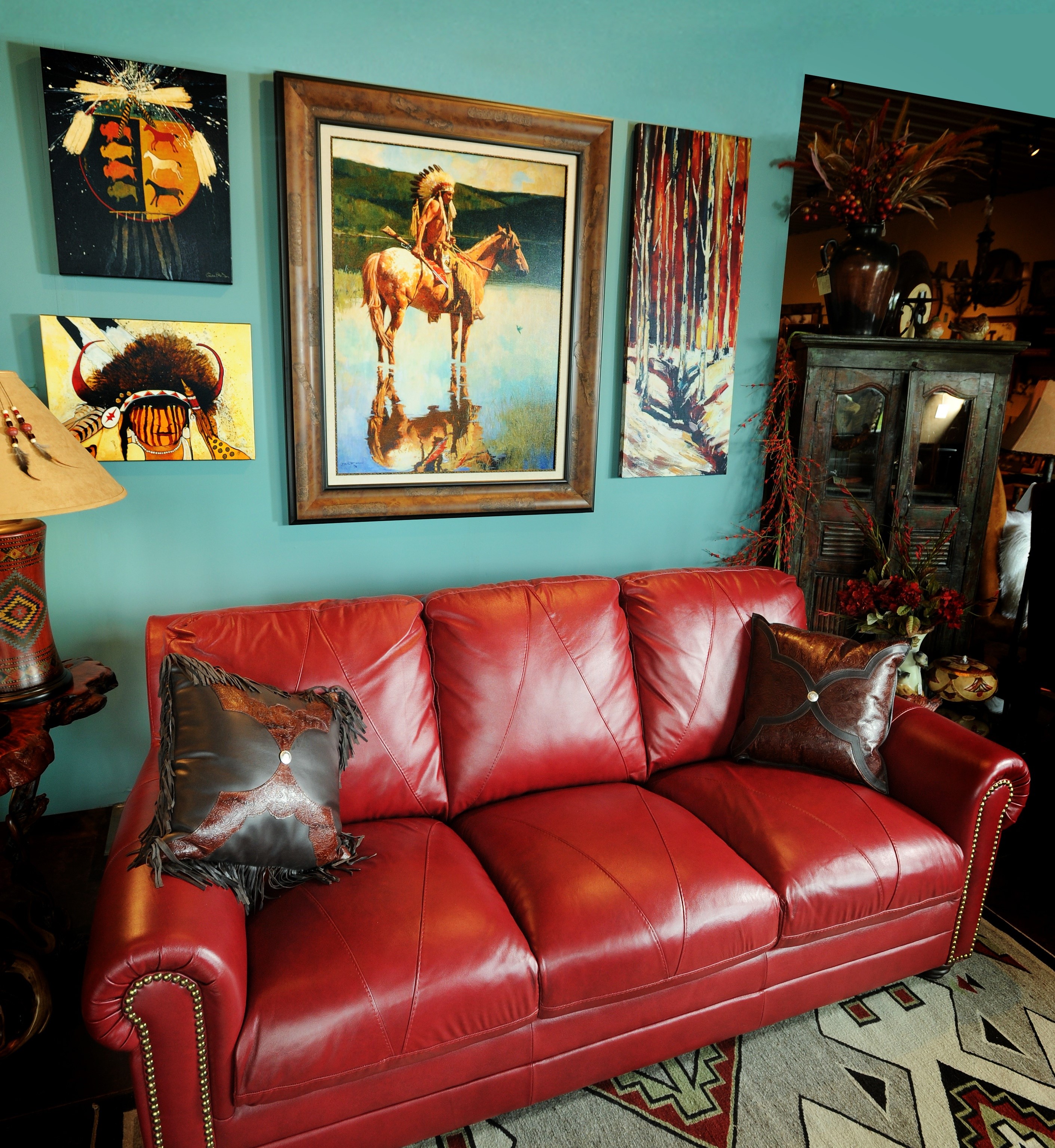 Classic Living With Fascinating Classic Living Room Design With Red Leather Sofa Blue Mint Concrete Wall And Several Indian Ornaments Filled The Room Furniture Outstanding Living Room Furnished With A Red Leather Couch Or Sofa Sets