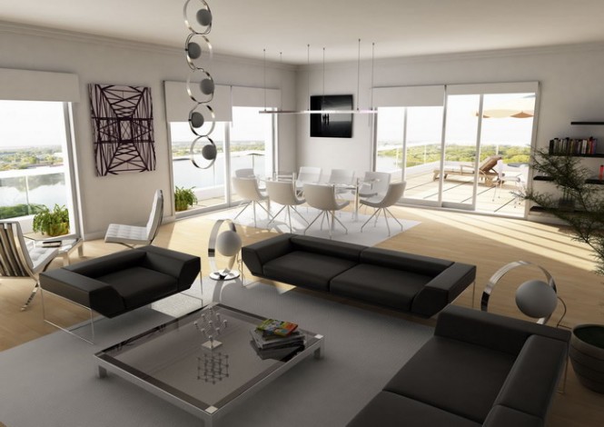 Design Of Penthouse Fascinating Design Of Sedat Durucan Monochrome Penthouse Including Black Sofas And Low Profile Glass Table On Grey Carpet Covering The Wooden Floor Decoration Luxurious Modern Furniture For Stylish Bachelor Pad