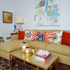 Eclectic Family With Fascinating Eclectic Family Room Design With Soft Yellow Small Sectional Sofa And Several Soft Pillows On The Sofa Furniture Cozy And Beautiful Sectional Sofa To Decorate Small Space Room