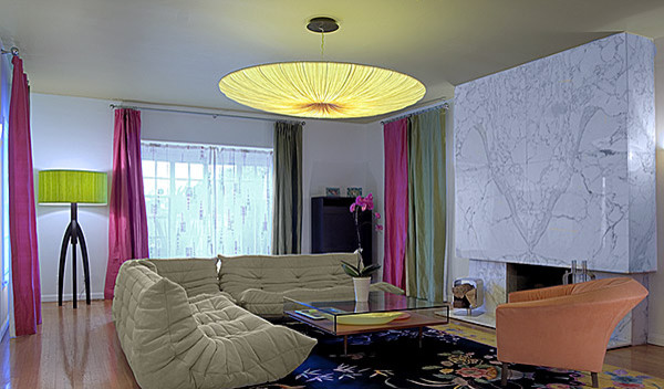 Eclectic Living With Fascinating Eclectic Living Room Design With White Colored Togo Sofa And Bright Yellow Lighting From Pendant Lamp Decoration Unique And Modern Togo Sofas With Eye Catching Colors To Inspire You