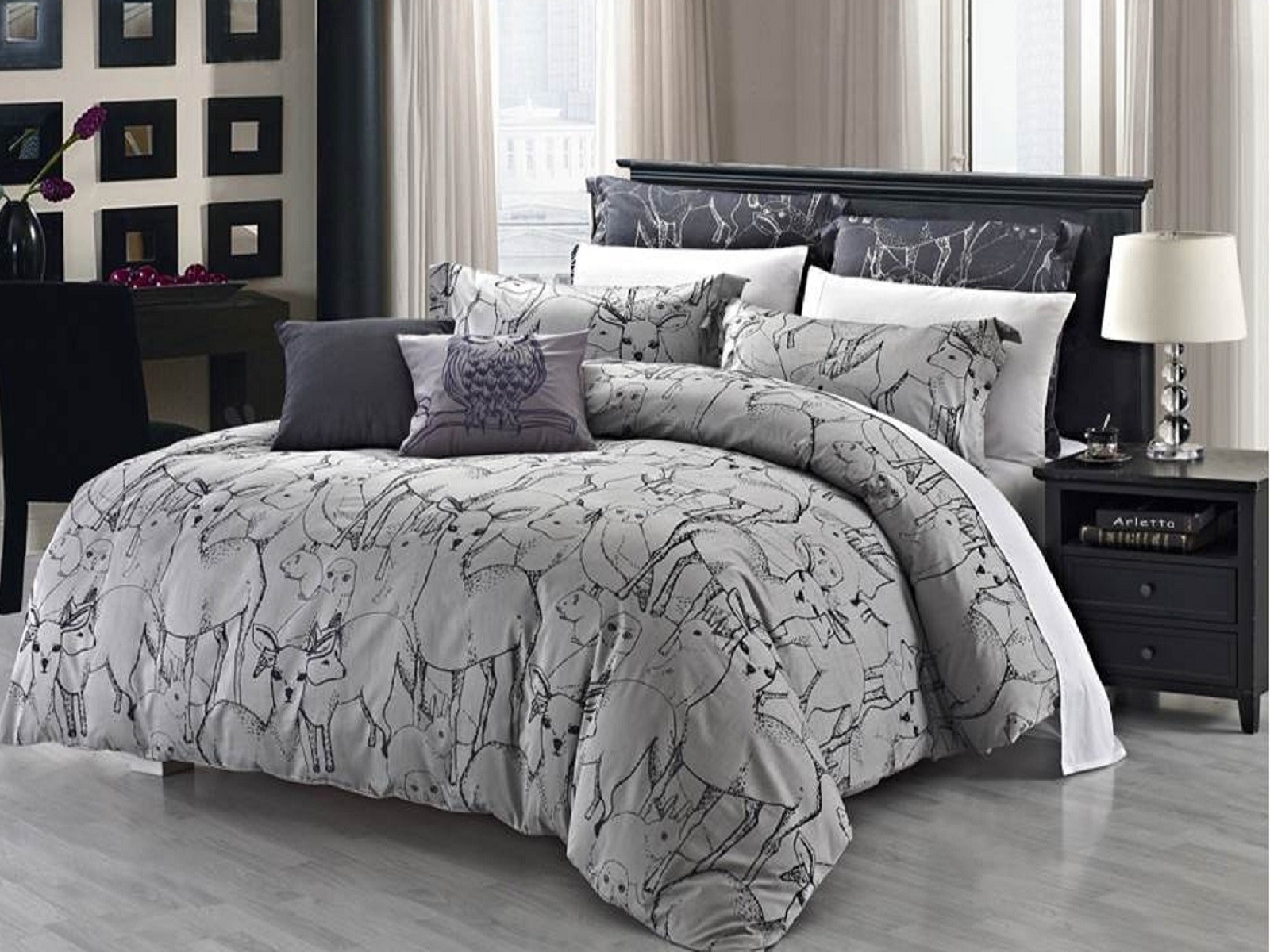 Gray White Print Fascinating Gray White Patterned Animal Print Duvet Cover Set On Wooden Bed With Wooden Nightstand And White Table Lamp Bedroom Exquisite Duvet Cover Sets For Sophisticated Contemporary Bedrooms