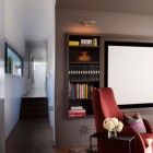 Media Room Modern Fascinating Media Room In The Modern Family Residence With Red Sofa And Brown Shelves On Wooden Floor Dream Homes Duplex Contemporary Concrete Home With Outdoor Green Gardens For Family