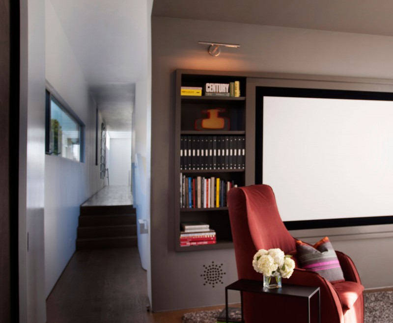 Media Room Modern Fascinating Media Room In The Modern Family Residence With Red Sofa And Brown Shelves On Wooden Floor Dream Homes  Duplex Contemporary Concrete Home With Outdoor Green Gardens For Family