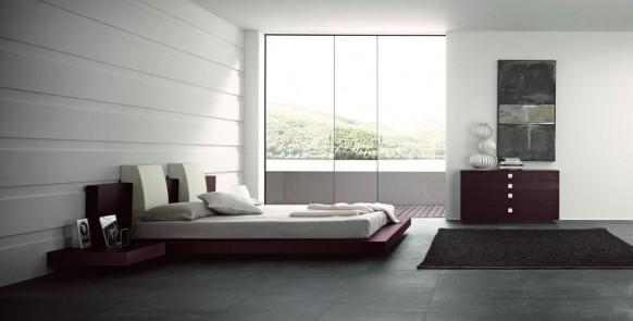 Open Bedroom With Fascinating Open Bedroom Which Furnished With Maroon Vanity Dresser And Maroon Bed With White Bedding On Black Floor Tiles Bedroom  15 Neutral Modern Bedroom Decoration In Stylish Interior Designs