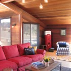 Pendant Hanging Desk Fascinating Pendant Hanging Above Wooden Desk And Red Sofa Installed In Eclectic Family Room On Blue Carpet Decoration 20 Vibrant And Bright Red Sofas For Chic Living Room With Personality