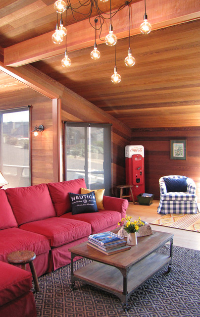 Pendant Hanging Desk Fascinating Pendant Hanging Above Wooden Desk And Red Sofa Installed In Eclectic Family Room On Blue Carpet Decoration  20 Vibrant And Bright Red Sofas For Chic Living Room With Personality