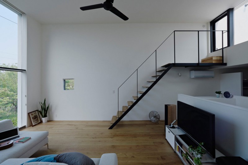 Wooden Constructed Wooden Fascinating Wooden Constructed Ladder With Wooden Railing Near Dining Room With White Interior Design In Hiyoshi Residence Architecture  Beautiful Minimalist Home Decorating In Small Living Spaces