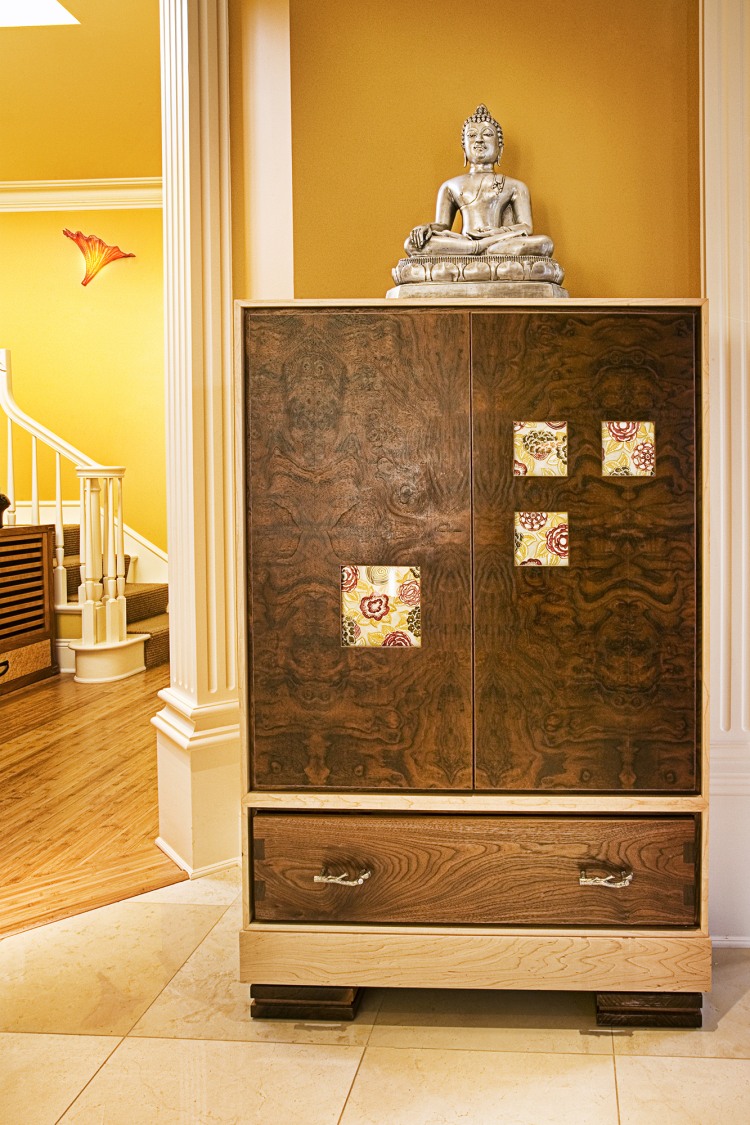 Wooden Storage Modern Fascinating Wooden Storage Design At Modern Residence Hallway With Zen Element Above It And Floral Accent On Door Decoration Wonderful Traditional Interior Design For Unique Modern Residence