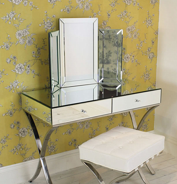 Home Interior Yellow Feminine Home Interior Decorated With Yellow Floral Wallpaper Set As Background Of Mirrored Dressing Table Bedroom  Outstanding Mirrored Furniture For Bedroom Decoration Ideas