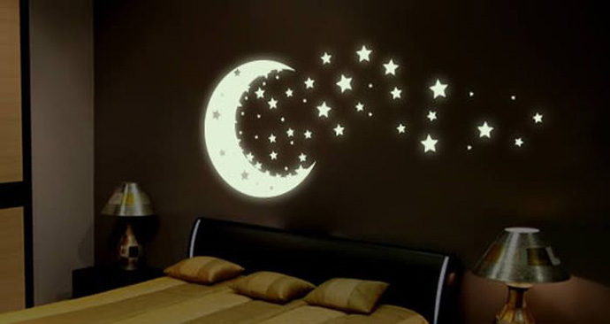 Moon And In Feminine Moon And Stars Glow In The Dark Decal Idea Attached On Black Painted Center Wall Inside Bedroom Bedroom Stunning Bedroom Decoration With Glow In The Dark Paint Colors