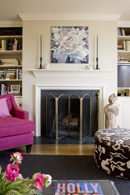 Living Room Magenta Fly Living Room Design With Magenta Chair Facing The Ottoman And The Fireplace Mantel Used Black Color Decor Fireplace 20 Impressive Fireplace Mantel For Stunning Living Room Designs