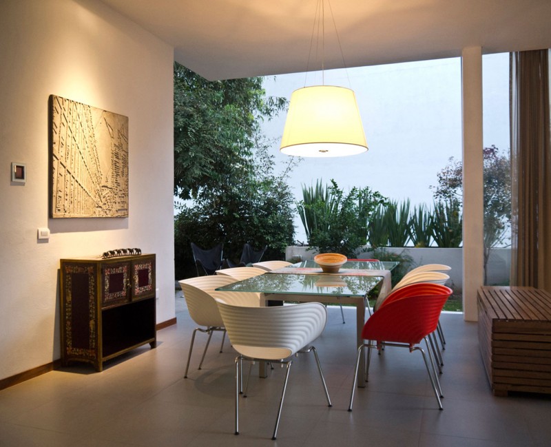 Shipping White Chairs Free Shipping White Orange Single Chairs For Wooden Glass Dining Desk Completed With White Tube Shaped Pendant Lamp In The Casa ER2 Residence Dream Homes  Spectacular Home Exterior With Unique Outdoor Wall Decorations