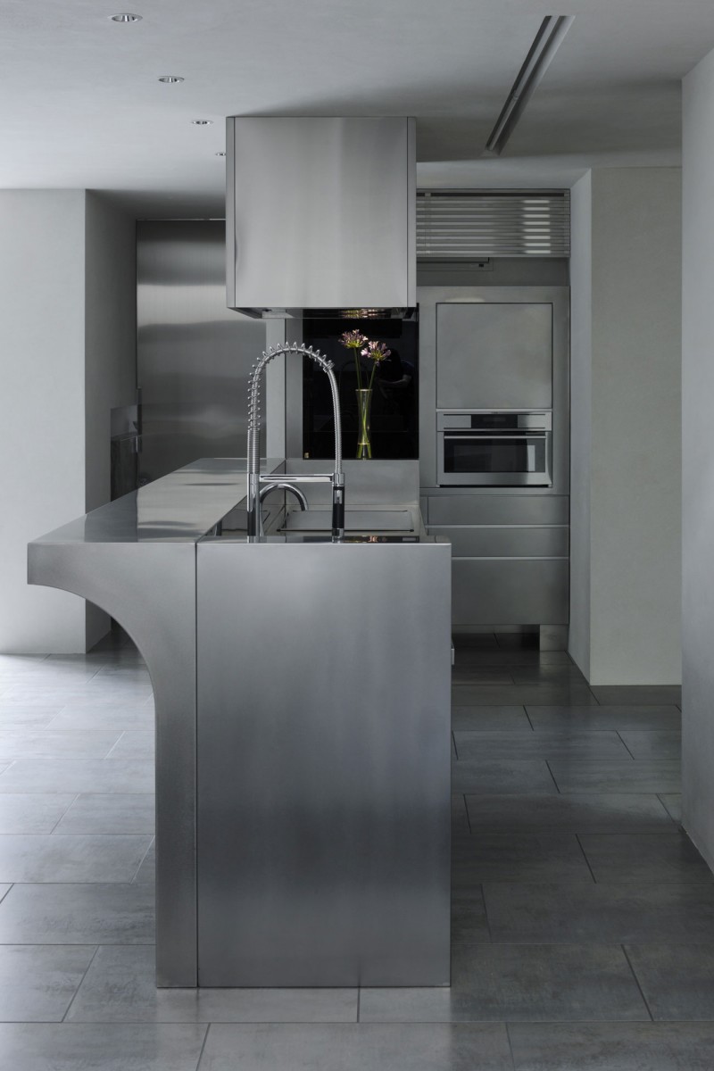 House Of Room Futuristic House Of Silence Cooking Room Interior Painted In Grey With Stainless Steel Accent Over The Cabinet Dream Homes Sophisticated Modern Japanese Home With Concrete Construction Of Shiga Prefecture