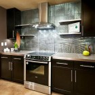 Metallic Tiled For Futuristic Metallic Tile Backsplash Idea For Black Themed Kitchen Set In I Shaped Layout With Bright Countertop Kitchens Cozy Kitchen Backsplash With Sleek Cabinet And Chic Kitchen Tools